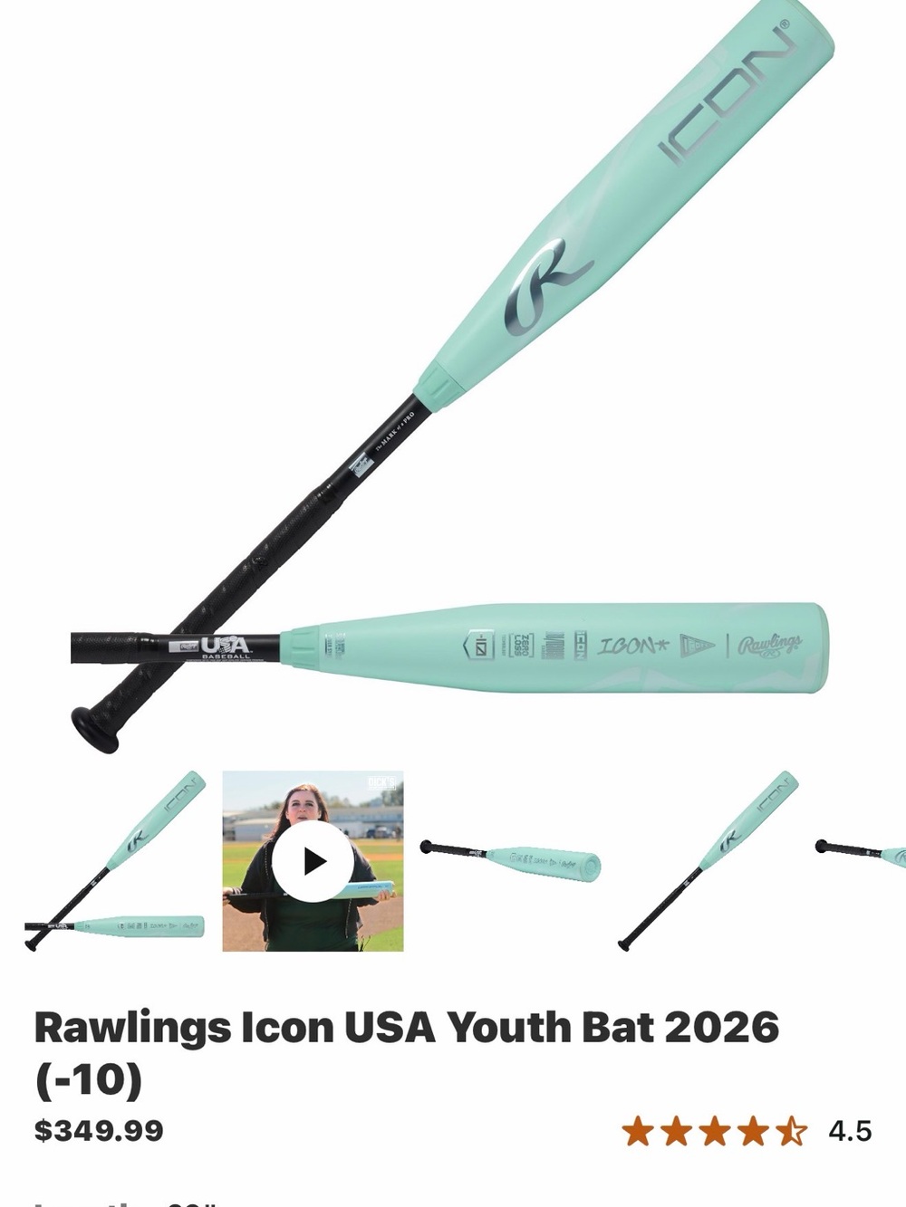 Rawlings Icon Baseball Bat 29” Drop 10